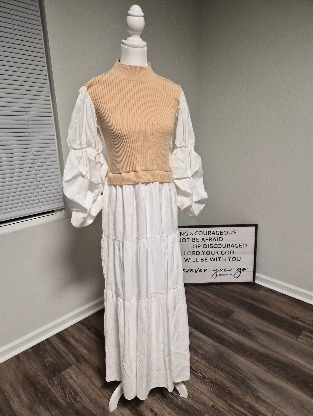 English Factory Tan Ribbed Vest Puff Sleeve Tiered Maxi Dress from Nordstrom